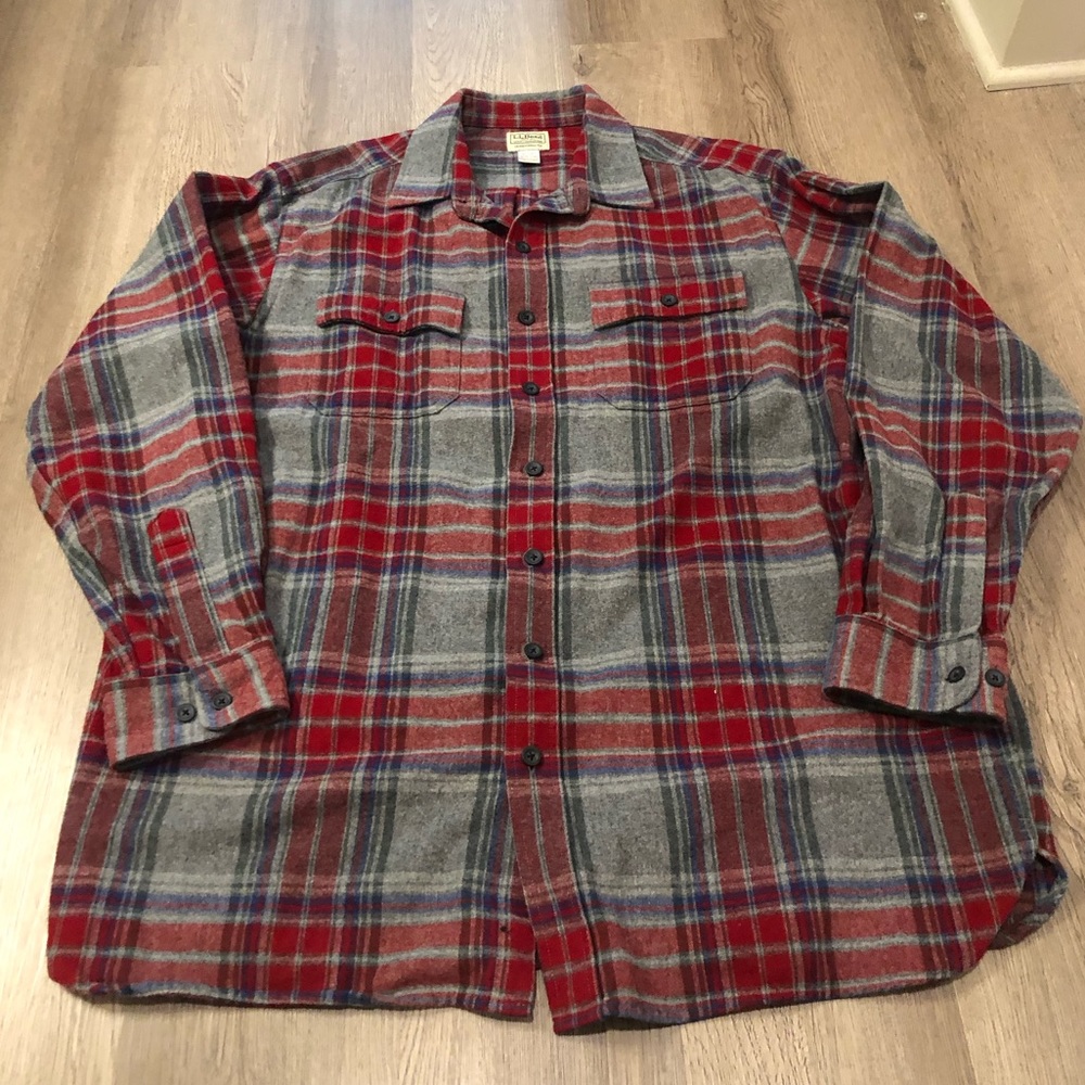 L.L. Bean 1933 Signature Chamois‎ Cloth Plaid Button Gray Red Fit Men’s XL Tall